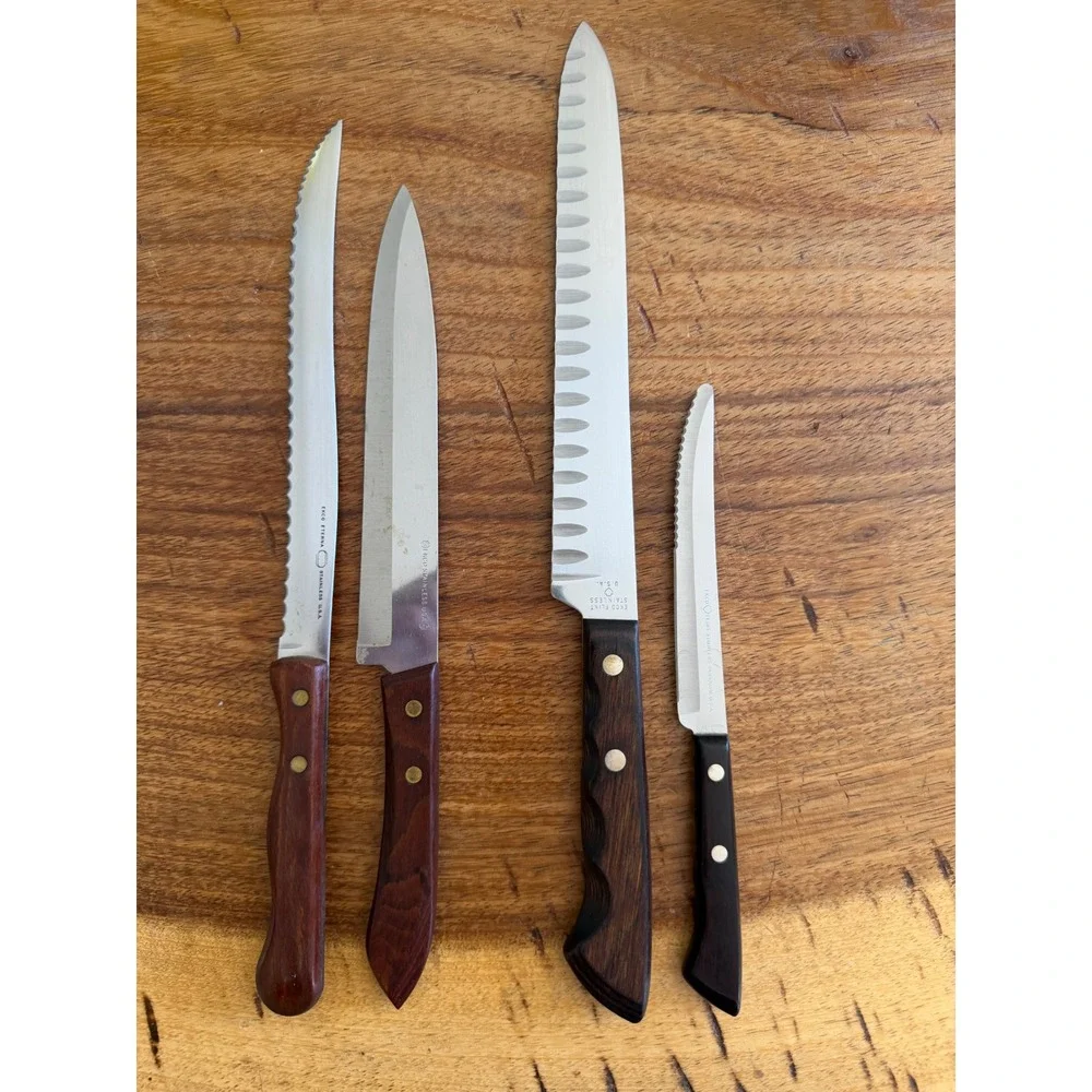 Vintage Ekco Flint Eterna Knife 4pc Stainless Wood Handle USA Slicer Serrated